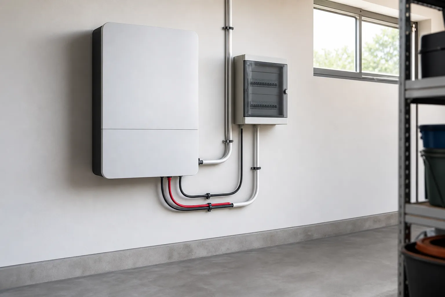 Batterie de stockage domestique fixée au mur d’un local technique, câblage propre
