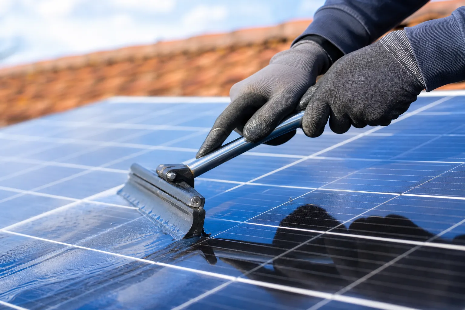 Nettoyage délicat de la surface d’un panneau photovoltaïque avec une raclette souple