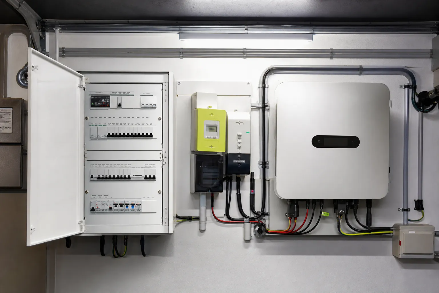Tableau électrique domestique avec compteur communicant et onduleur photovoltaïque installés proprement