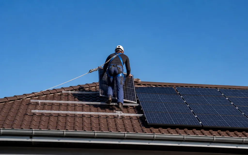 Installateur vu de dos sur une toiture, harnais de sécurité, en train de fixer un panneau solaire