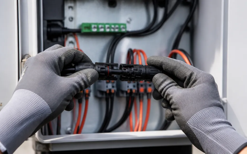Mains gantées effectuant un raccordement électrique propre entre deux câbles solaires