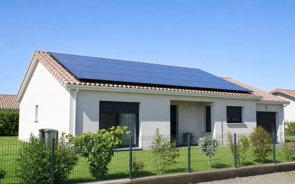 Pavillon récent de lotissement avec large surface de panneaux photovoltaïques alignés