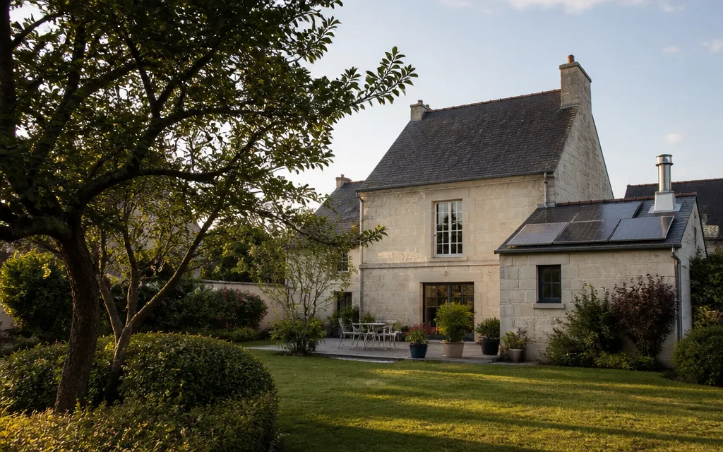 Maison en pierre de tuffeau claire du Val de Loire avec panneaux photovoltaïques discrets